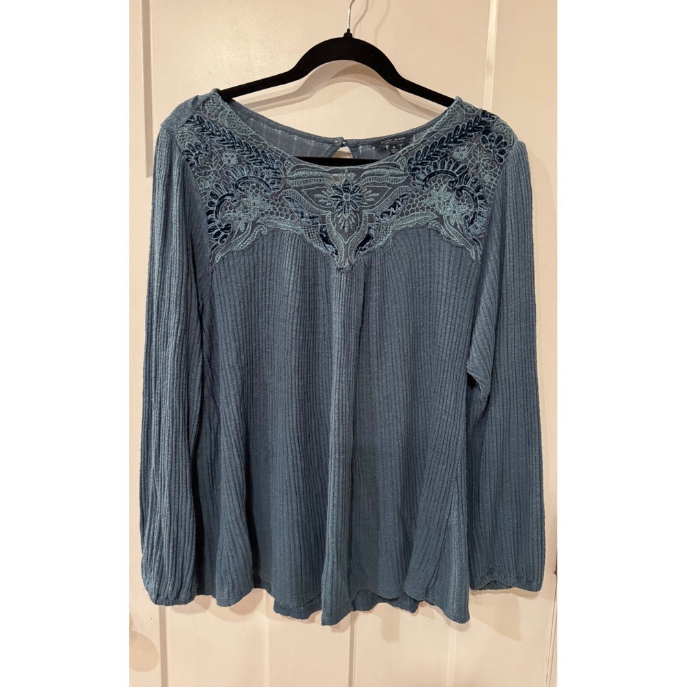 Lucky Brand Womens 1X Blue Ribbed Lace Velvet Embroidered Boho Top 7Q63522
